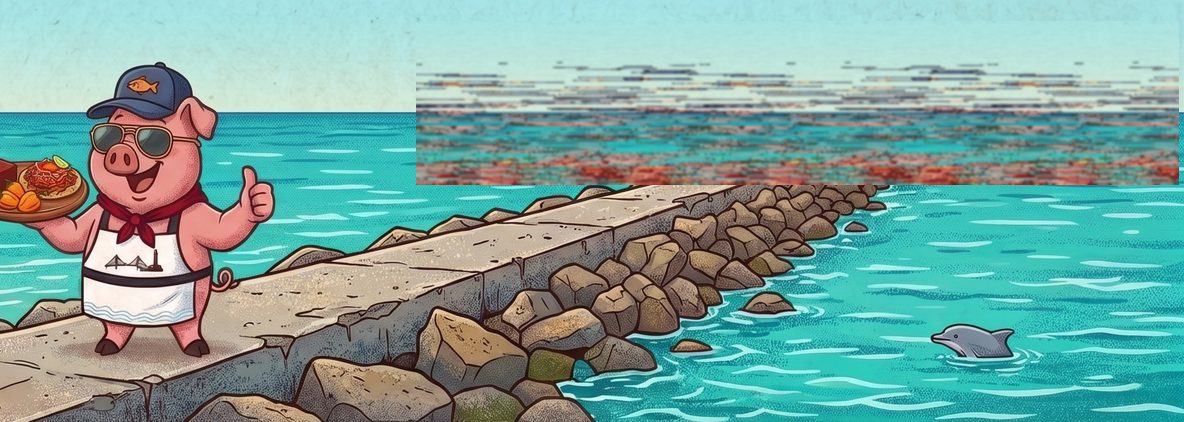 Ilustración del cerdito de Pib-il en las Escolleras de Playa Miramar con delfines y el faro